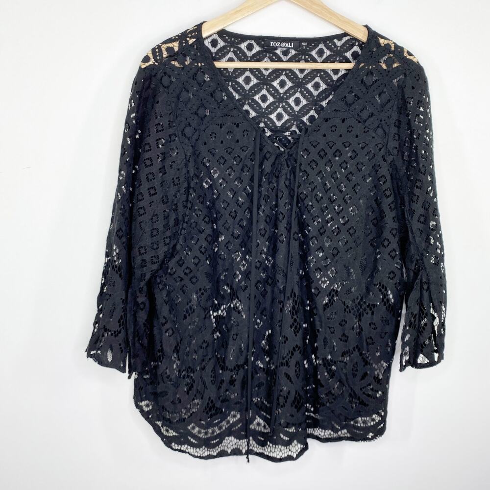Roz &‎ Ali Women XL Black Sheer Lace Top Dark Fairy Grunge Nylon Stretch